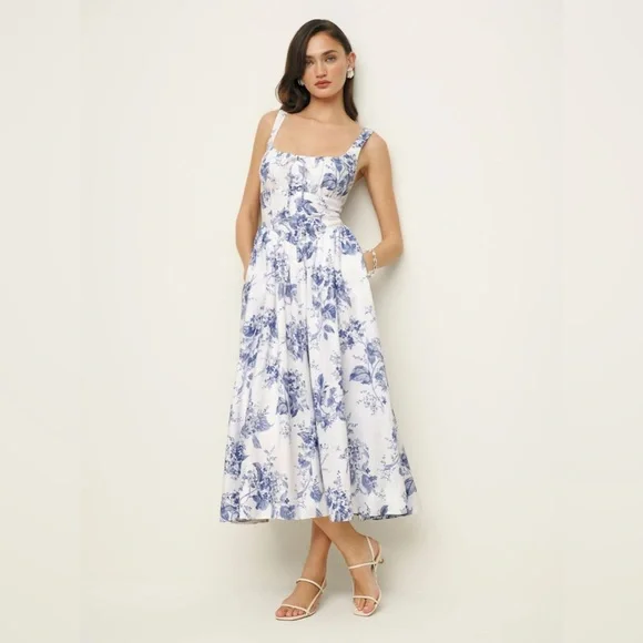 NWT Reformation Balia Midi Linen Dress in Lupine  Blue White Floral | size 2 - Picture 5 of 13